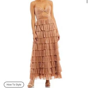 Gianni Bini Grace Metallic Plisse Sweetheart Neck Cut-Out Tiered Dress